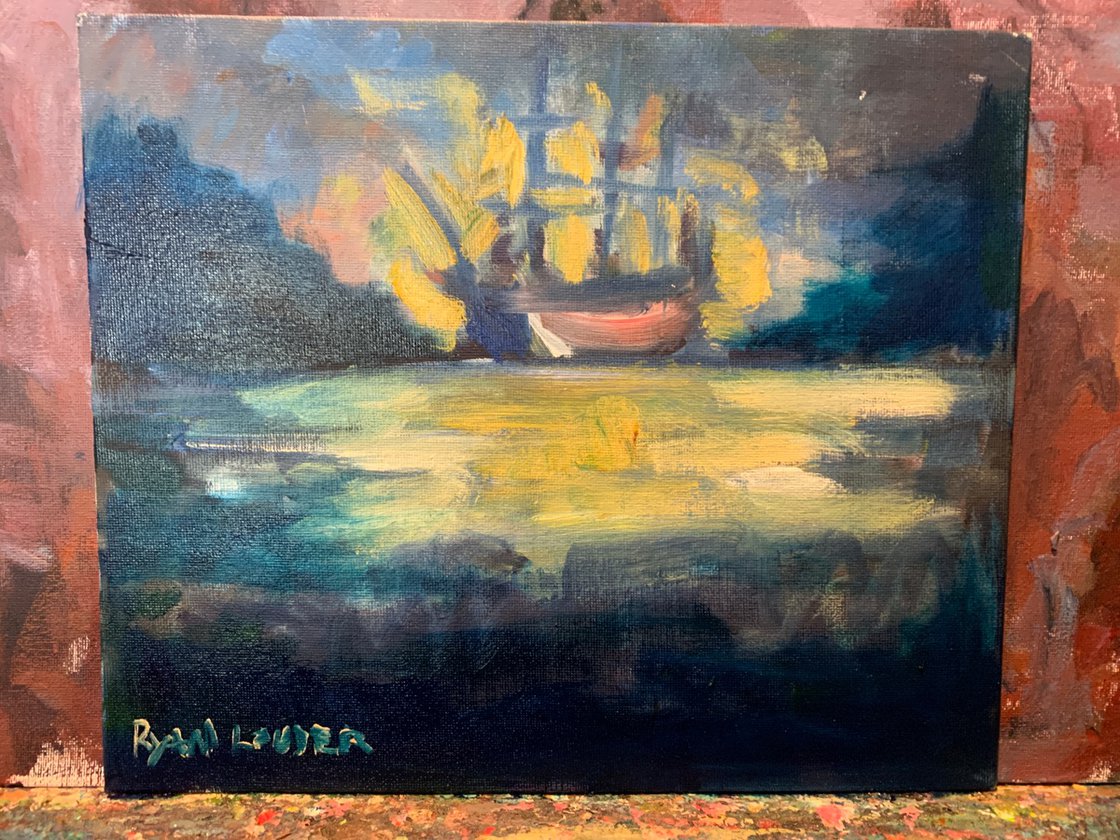 A painting titled 'Boat In The Bay by Ryan Louder' by Ryan Louder