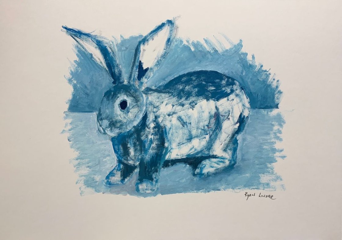 A painting titled 'Rabbit in Blue by Ryan Louder' by Ryan Louder