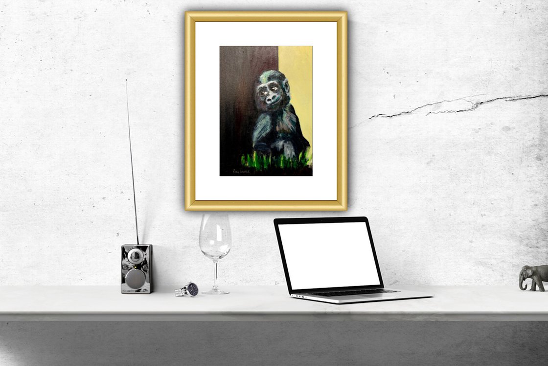 A painting titled 'Baby Gorilla Sitting By A Tree by Ryan Louder' by Ryan Louder