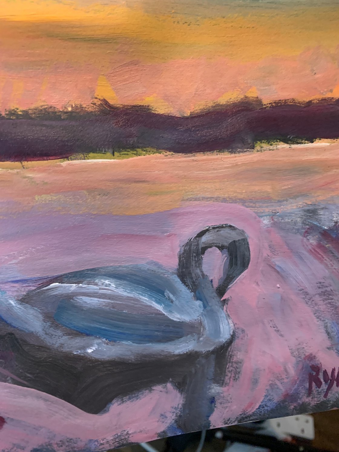 A painting titled 'Swan at Sunset by Ryan Louder' by Ryan Louder