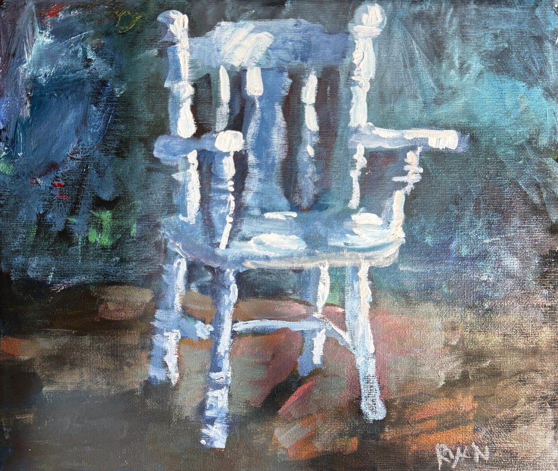A painting titled 'The White Chair by Ryan Louder' by Ryan Louder