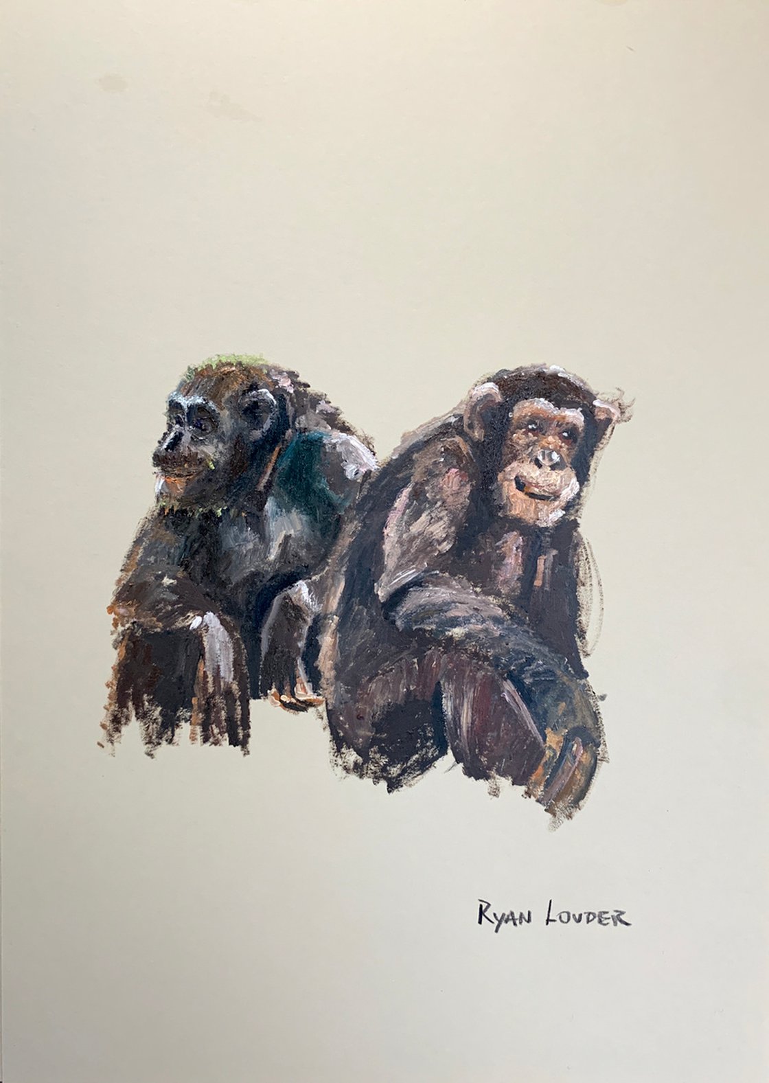 A painting titled 'Two Chimpanzees by Ryan Louder' by Ryan Louder