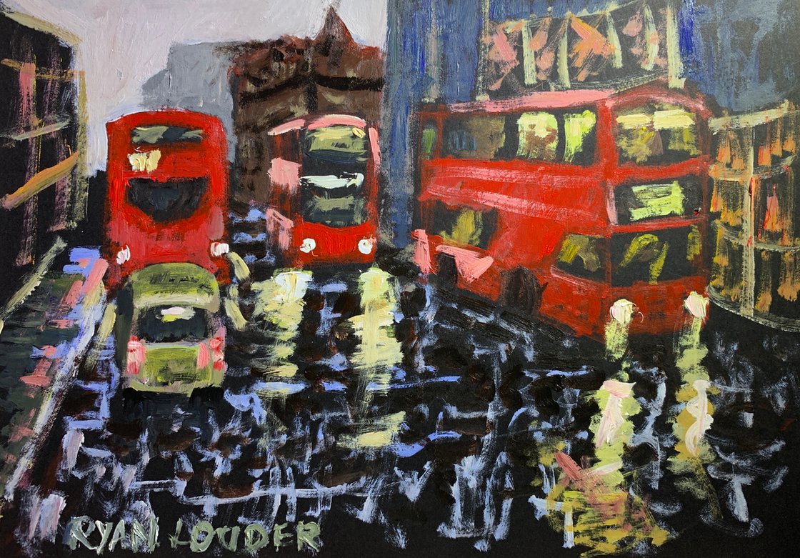 Three Red Busses by Ryan Louder - Sold