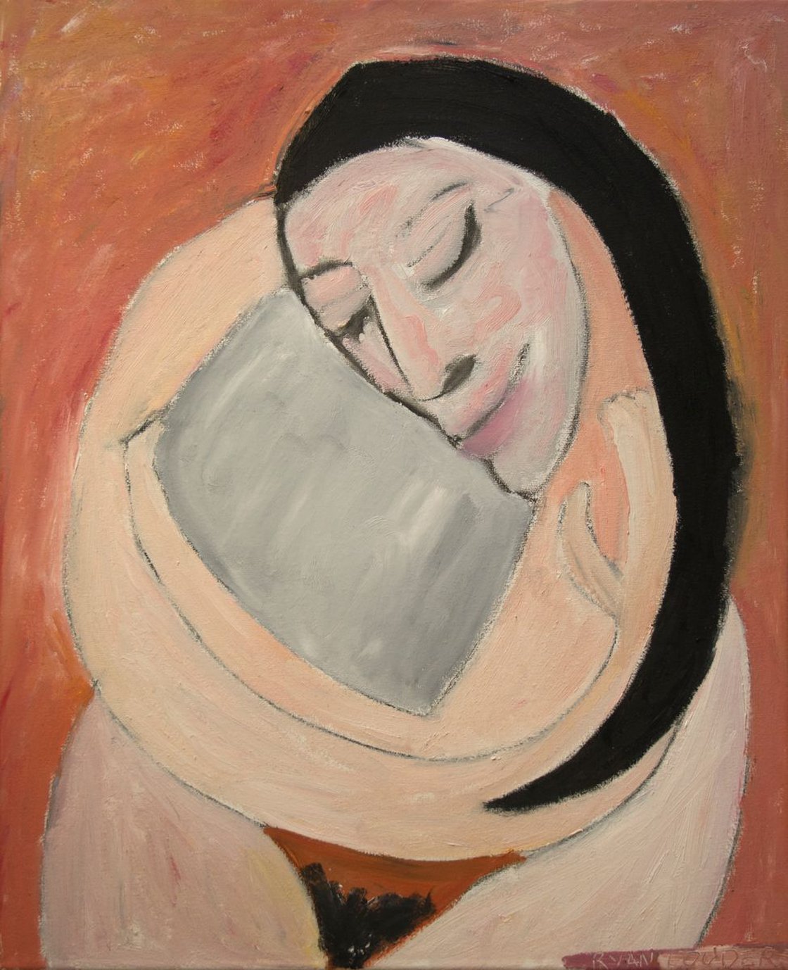 A painting titled 'Woman with Pillow by Ryan Louder' by Ryan Louder