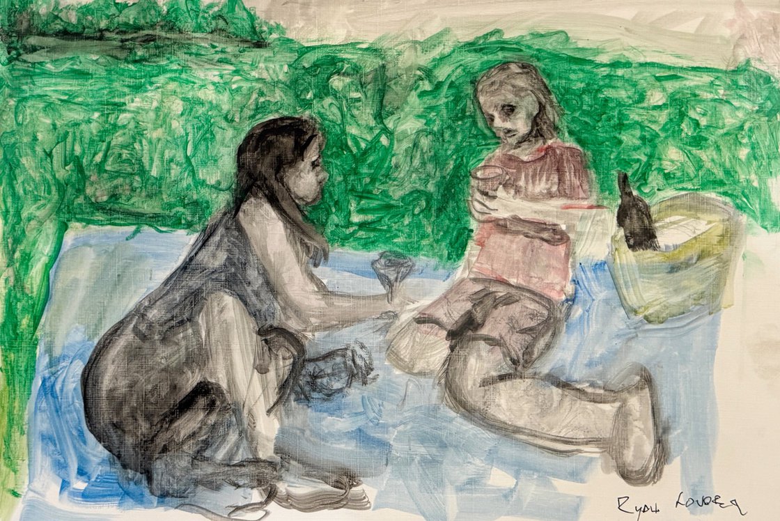 A painting titled 'Deep In Conversation by Ryan Louder' by Ryan Louder