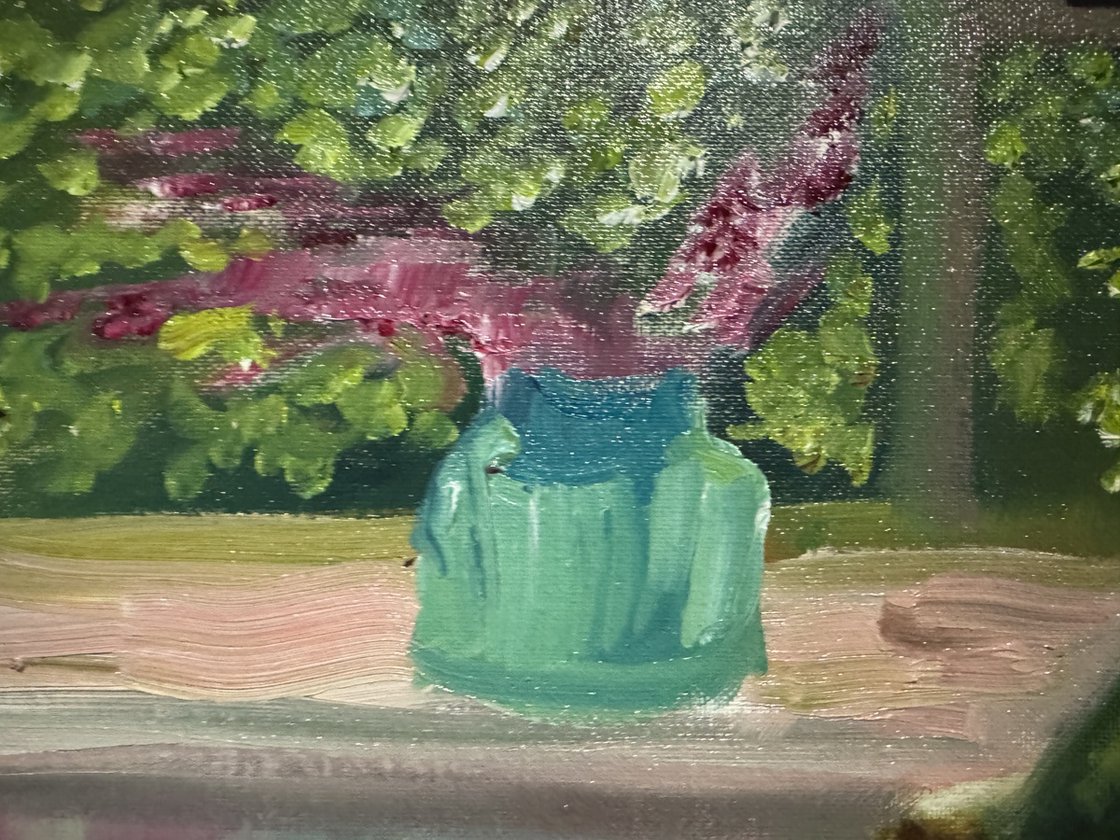 A painting titled 'Piano and Blue Vase by Ryan Louder' by Ryan Louder