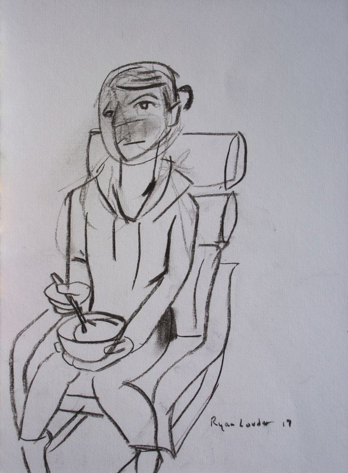 A painting titled 'Eating Breakfast Charcoal On Paper A3 16.5 x 11.7 by Ryan Louder' by Ryan Louder