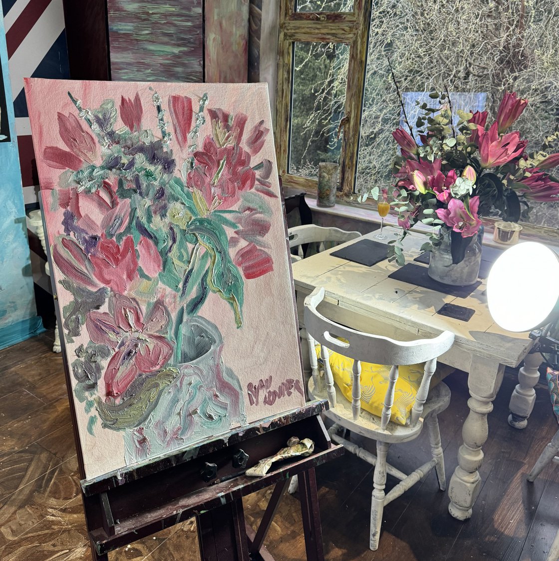 A painting titled 'Pink Lillies by Ryan Louder' by Ryan Louder
