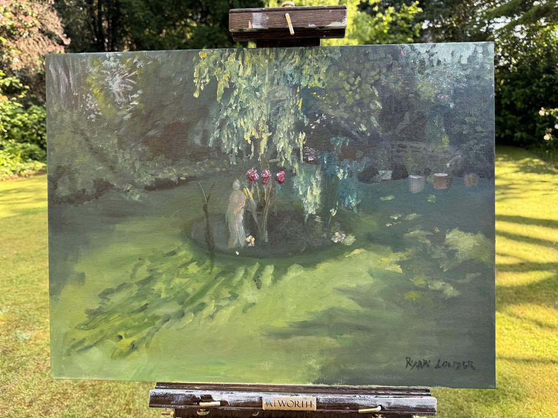 A painting titled 'Three Roses and a Statue by Ryan Louder' by Ryan Louder