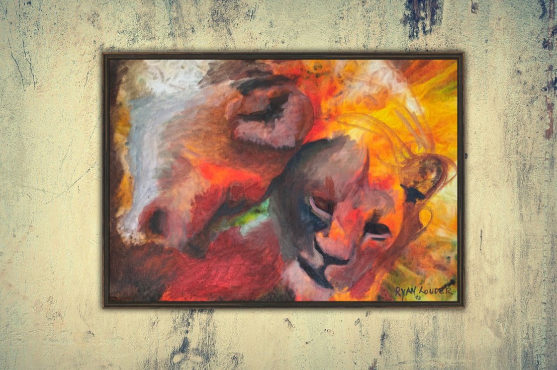 A painting titled 'Two Lions by Ryan Louder' by Ryan Louder