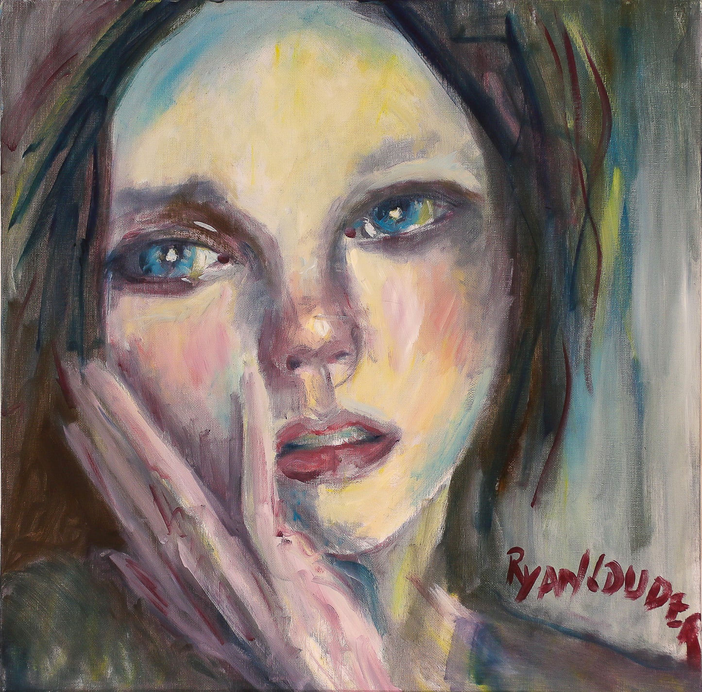 The image is an oil painting depicting a close-up of a woman's face with a pensive expression.