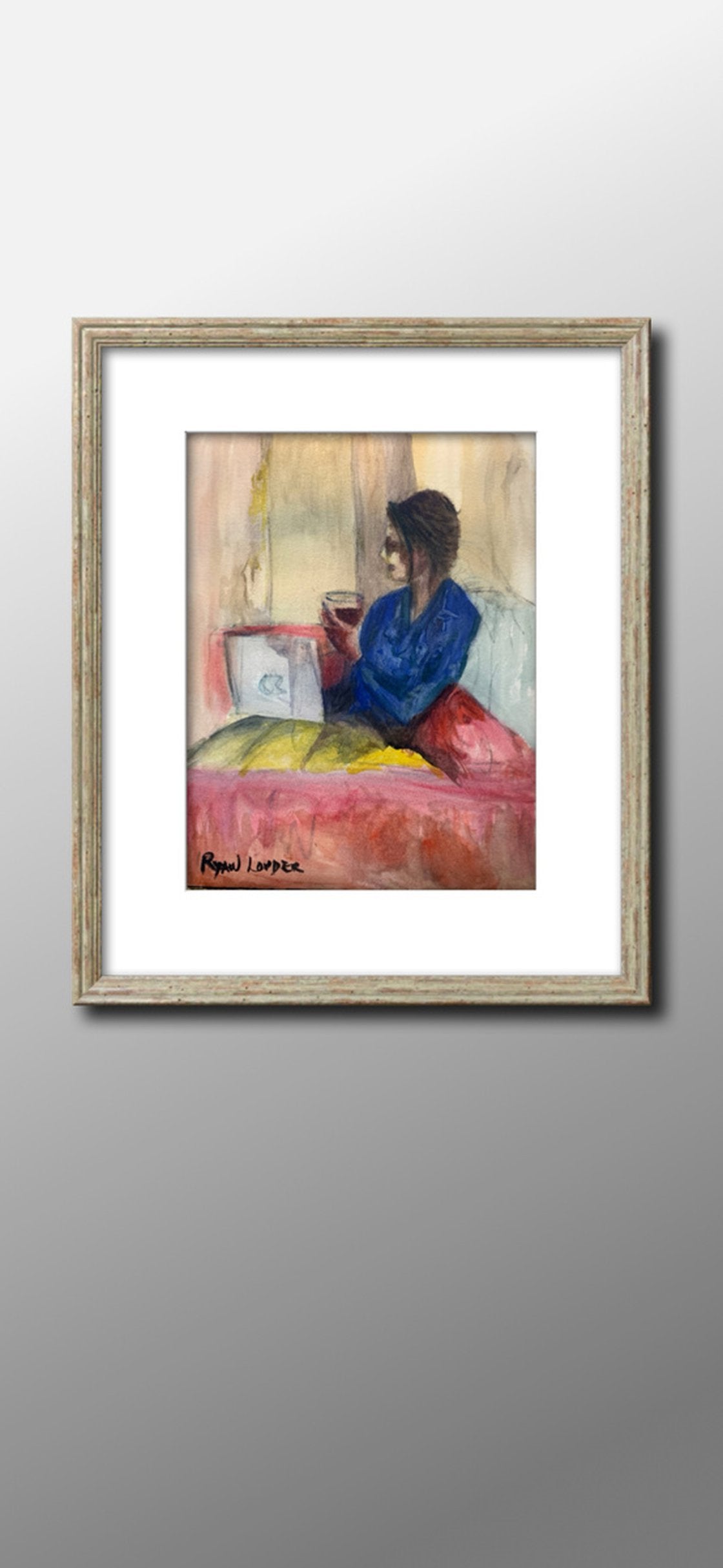 A painting titled 'Working Late With A Glass of Wine 2 by Ryan Louder' by Ryan Louder