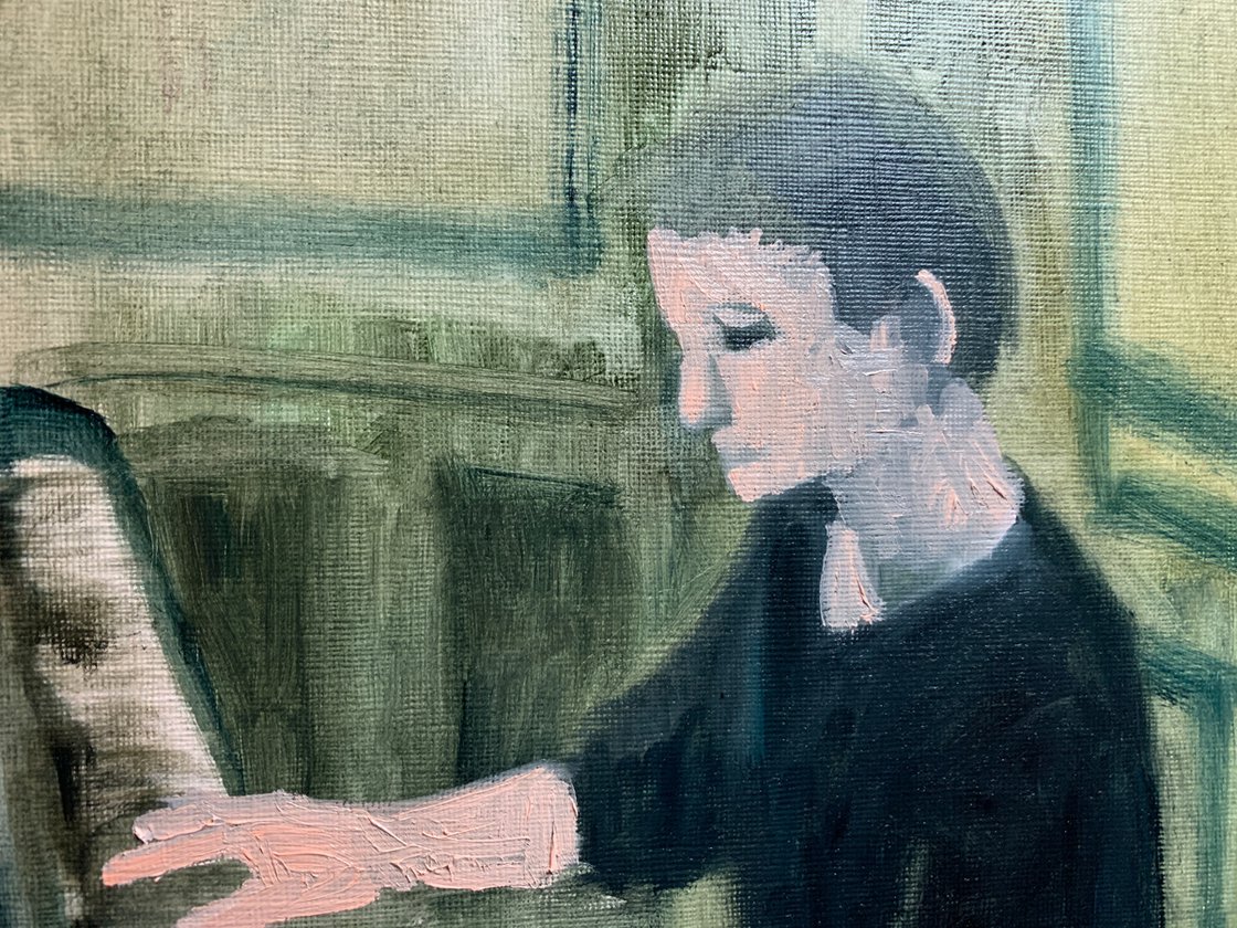 A painting titled 'The Piano Player by Ryan Louder' by Ryan Louder