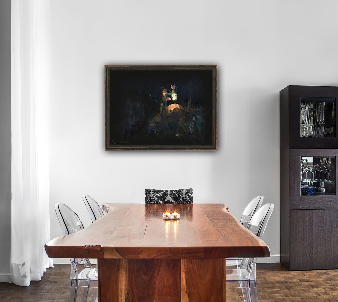 A painting titled 'Flight of the Beekeeper by Ryan Louder' by Ryan Louder