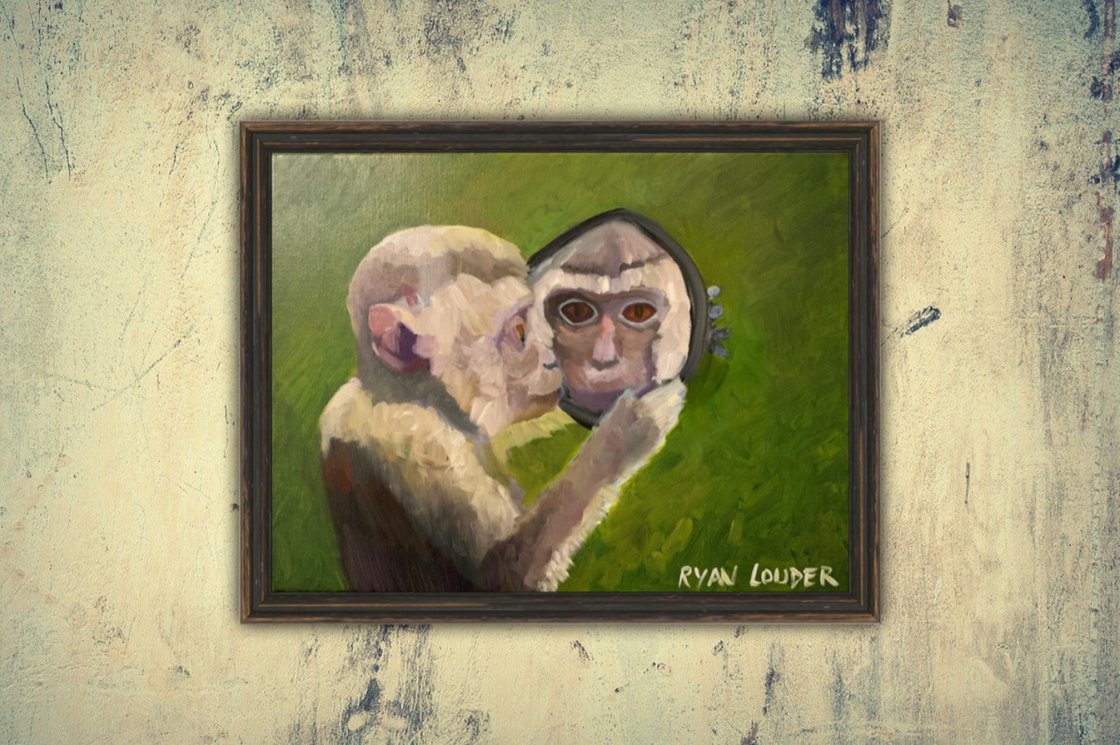 A painting titled 'Monkey and a Mirror by Ryan Louder' by Ryan Louder