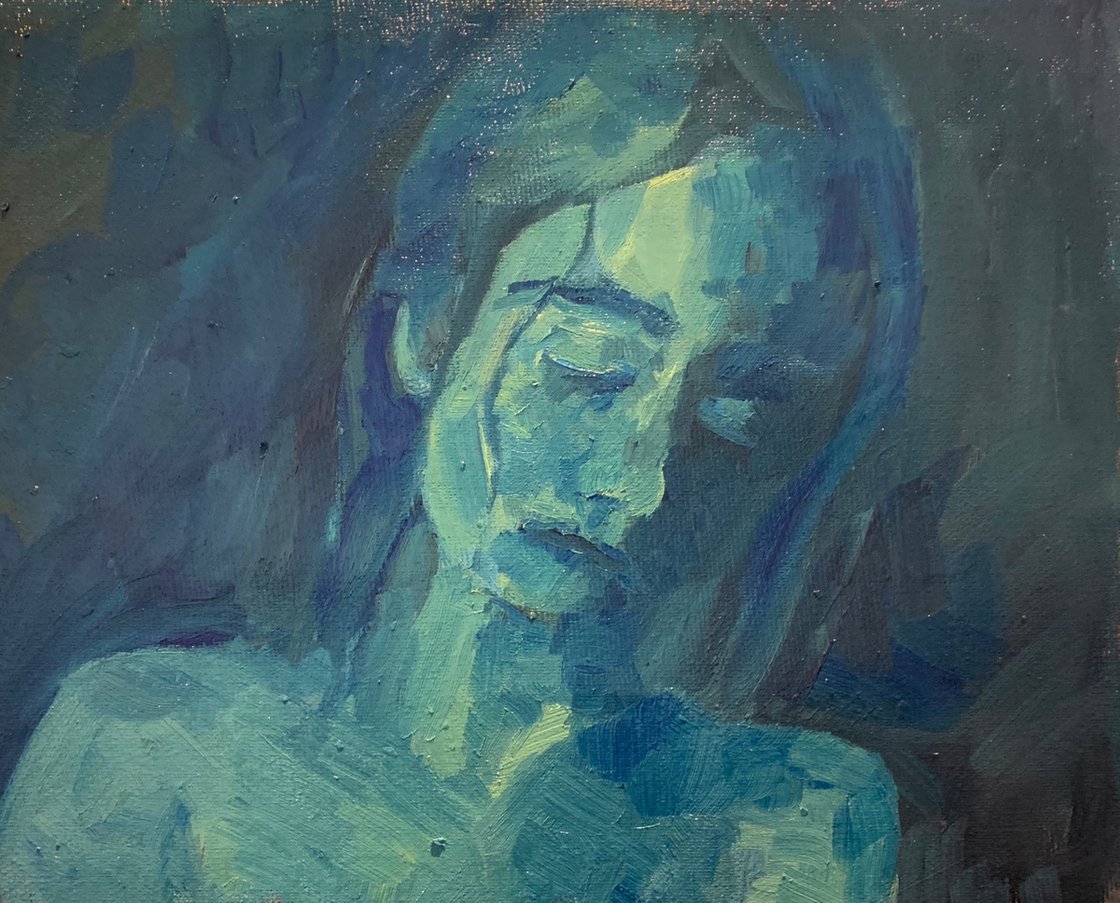 A painting titled 'Woman In Blue by Ryan Louder' by Ryan Louder