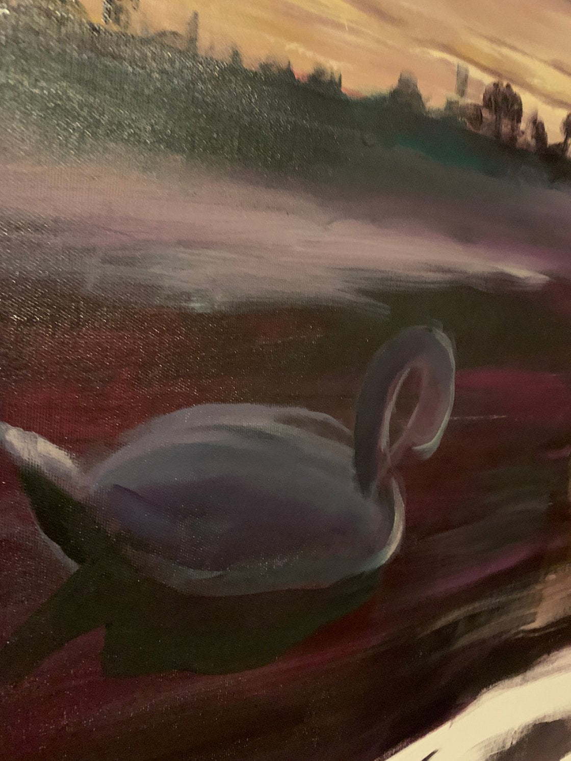 A painting titled 'Swans At Sunset by Ryan Louder' by Ryan Louder