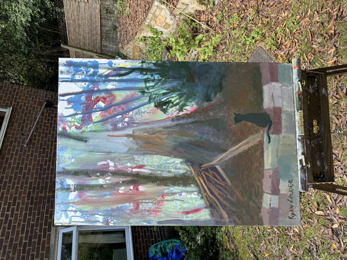 A painting titled 'Cat by the Eucalyptus Tree by Ryan Louder' by Ryan Louder