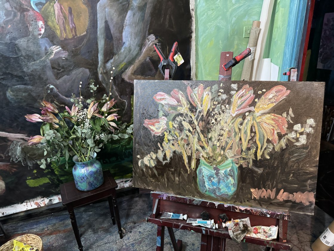 A painting titled 'Wilting Lillies by Ryan Louder' by Ryan Louder