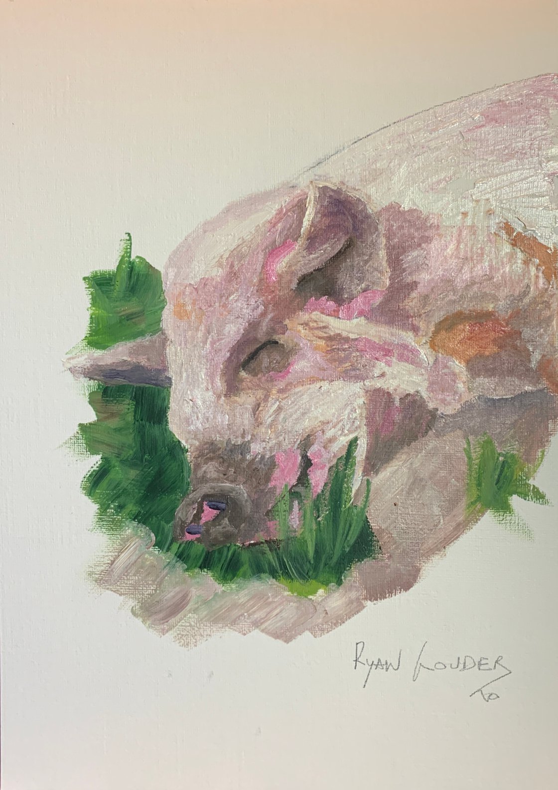 A painting titled 'Pig Asleep In A Patch Of Grass by Ryan Louder' by Ryan Louder