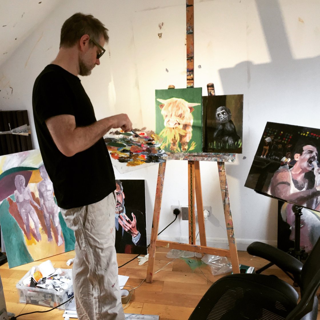 A painting titled 'Baby Gorilla Sitting By A Tree by Ryan Louder' by Ryan Louder