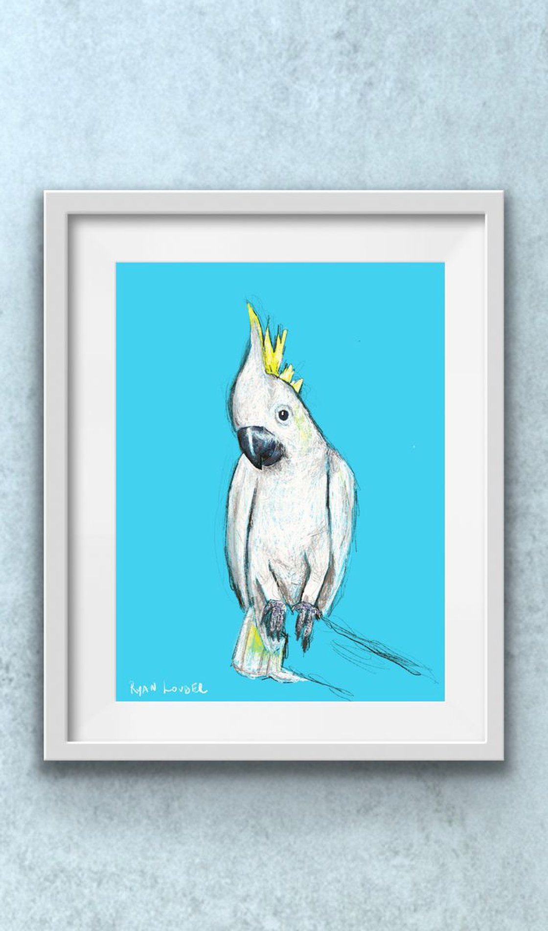 A painting titled 'Birds Cockatoo For You by Ryan Louder' by Ryan Louder