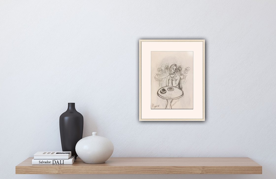 Drawing of A Woman Drinking Coffee by Ryan Louder