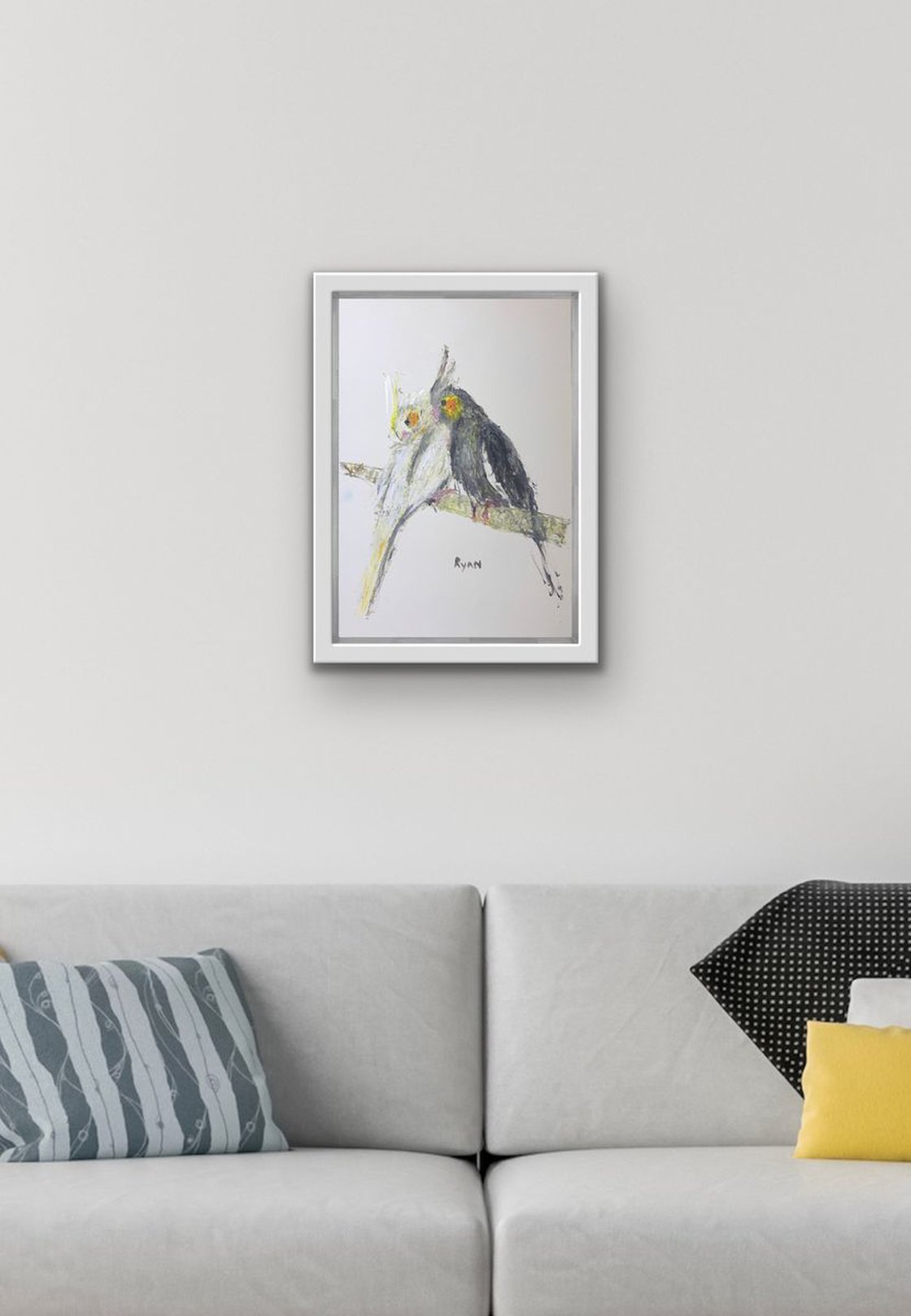A painting titled 'Cockatiels resting 9x12 Study by Ryan Louder' by Ryan Louder
