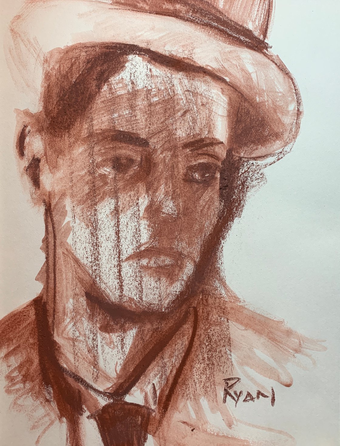 A painting titled 'Sanguine Study Of A Mans Face 12x16 by Ryan Louder' by Ryan Louder