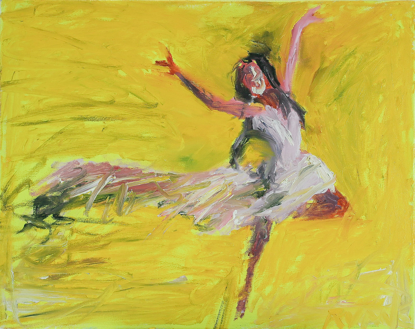 The image is an abstract painting featuring a figure in a white dress with red accents, depicted in a dynamic pose against a vibrant yellow background.