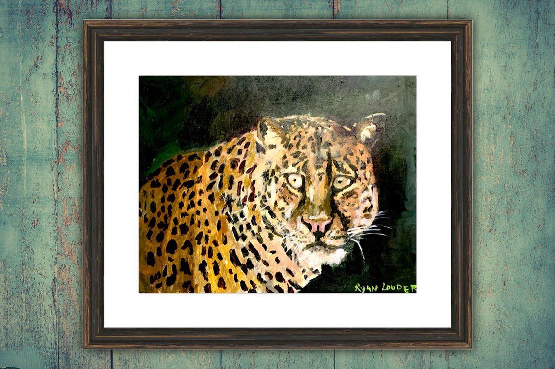 A painting titled 'Leopard by Ryan Louder' by Ryan Louder