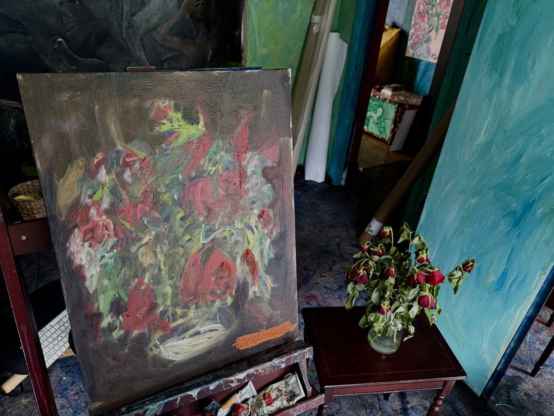 A painting titled 'Punk Roses by Ryan Louder' by Ryan Louder