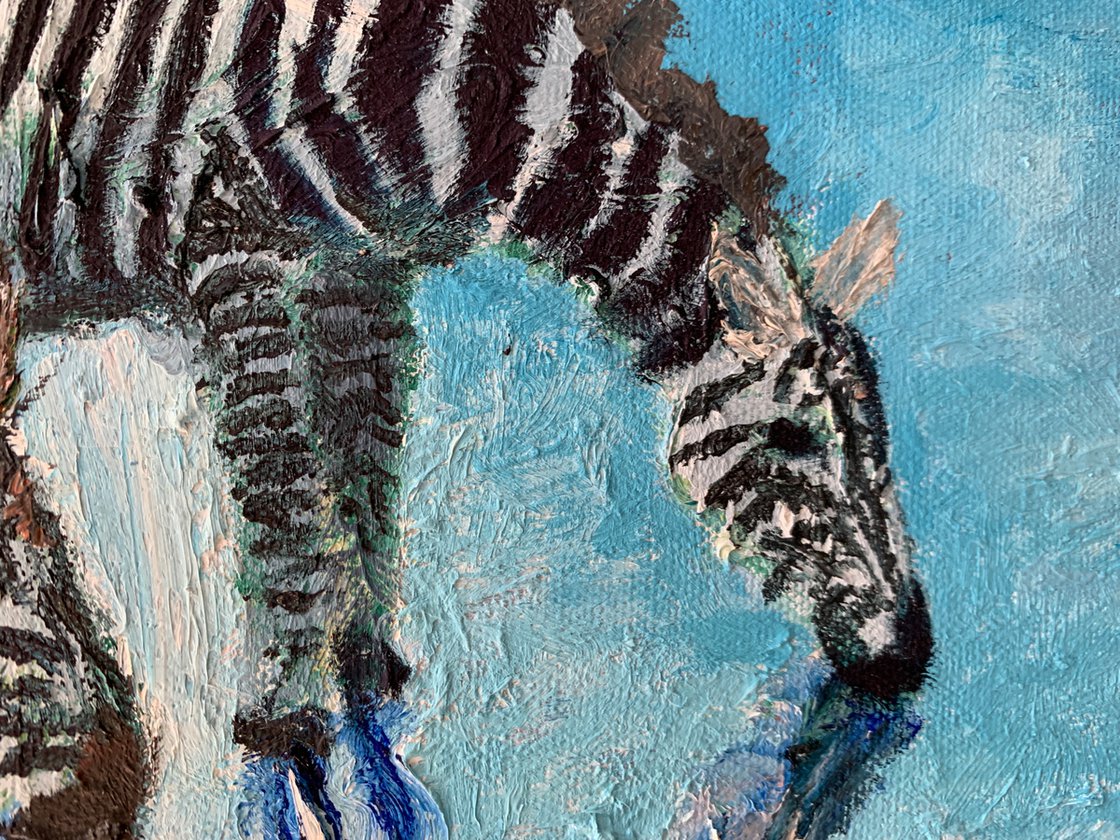 A painting titled 'Zebras In Blue Water by Ryan Louder' by Ryan Louder