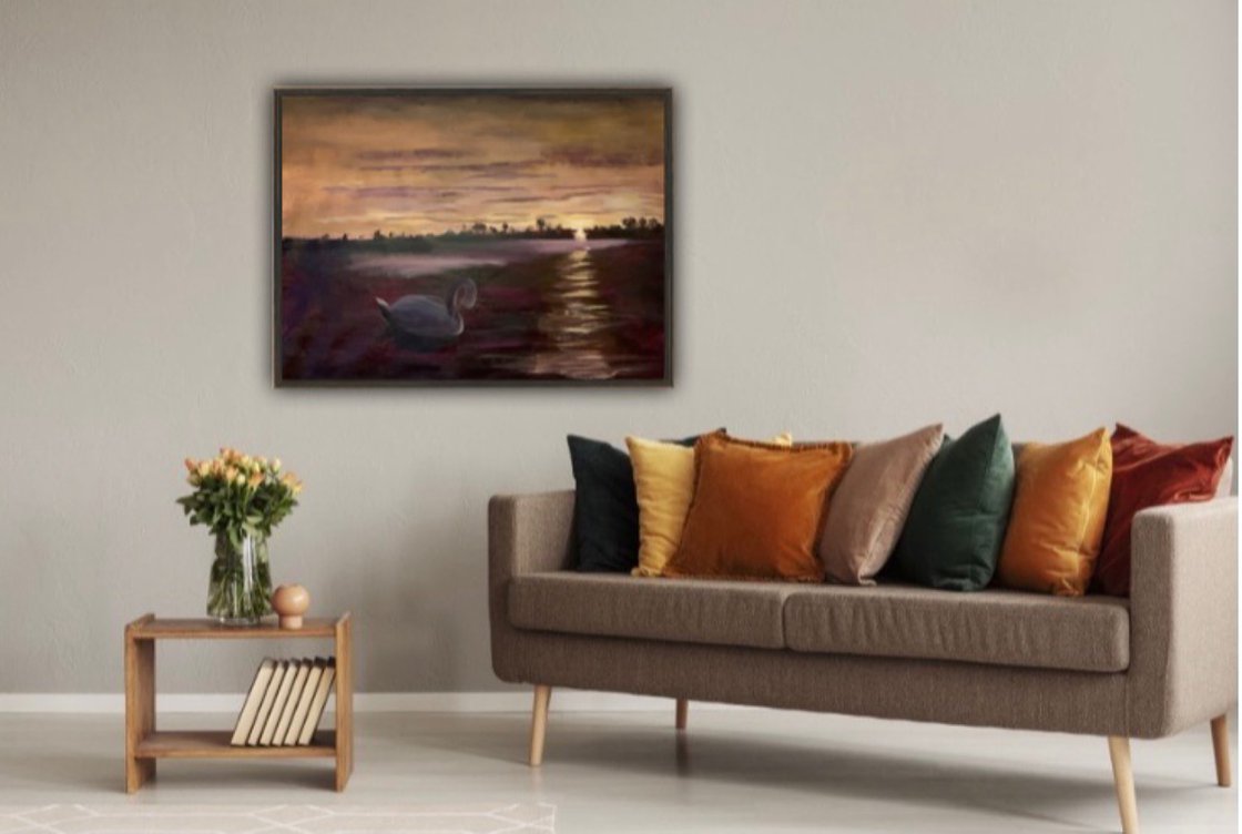A painting titled 'Swans At Sunset by Ryan Louder' by Ryan Louder