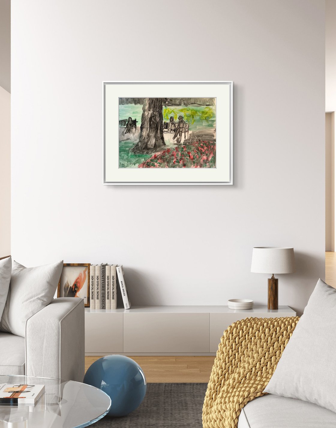 A painting titled 'Friends on Park Bench by Ryan Louder' by Ryan Louder