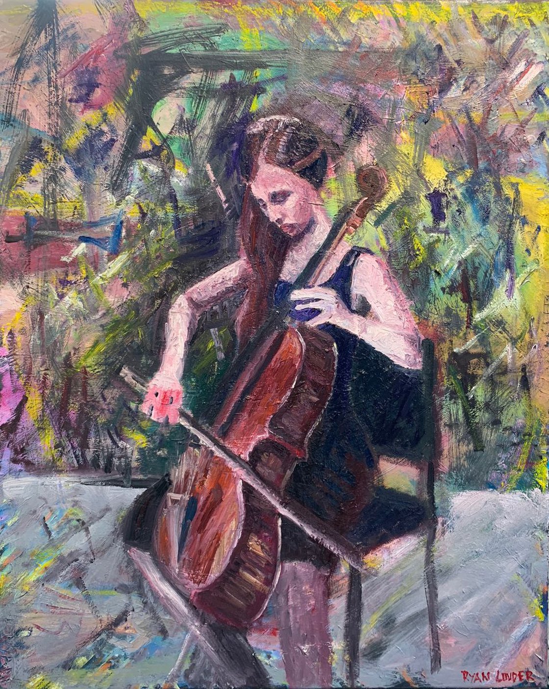 A painting titled 'Cello Player by Ryan Louder' by Ryan Louder