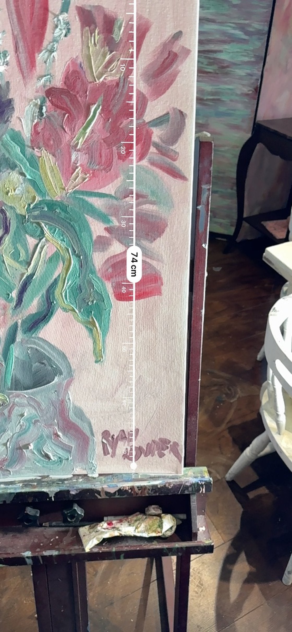 A painting titled 'Pink Lillies by Ryan Louder' by Ryan Louder