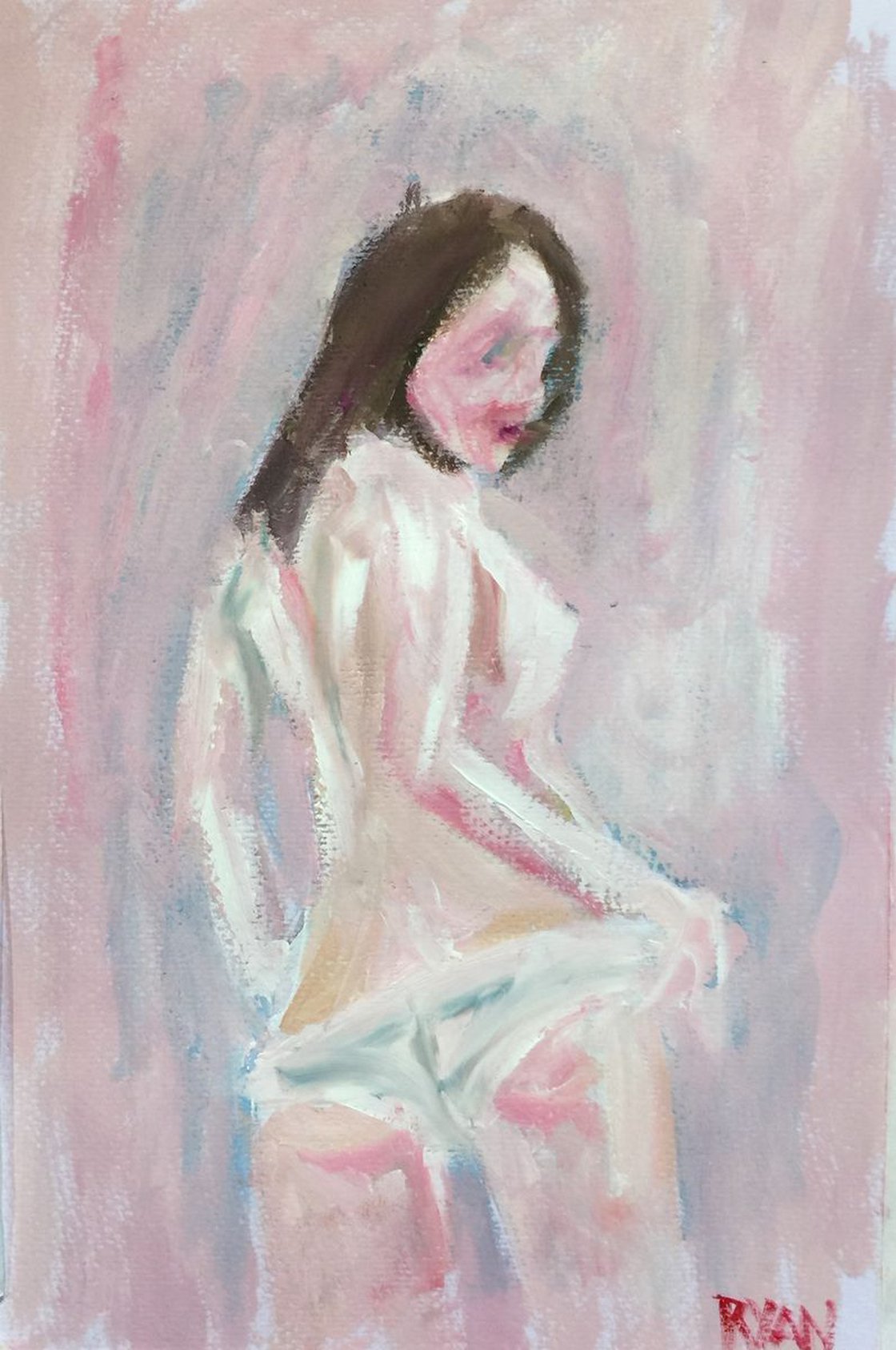 A painting titled 'Pink and Blue Nude Oil On Paper by Ryan Louder' by Ryan Louder