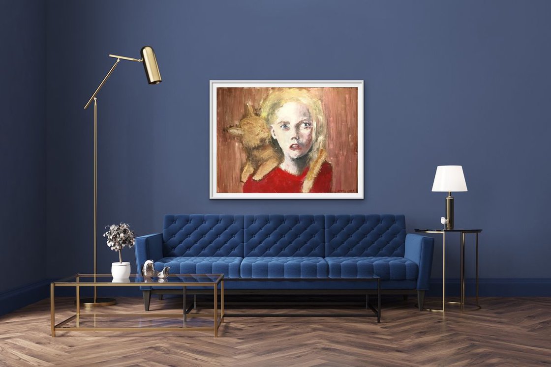 A painting titled 'Cat and Girl 30x40 Canvas by Ryan Louder' by Ryan Louder