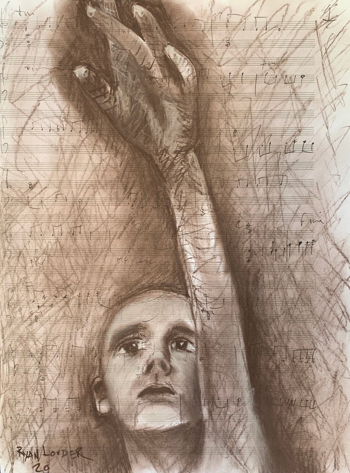 “When Can We Touch Stars” 25x35cm charcoal ink on manuscript scoring paper by Ryan Louder