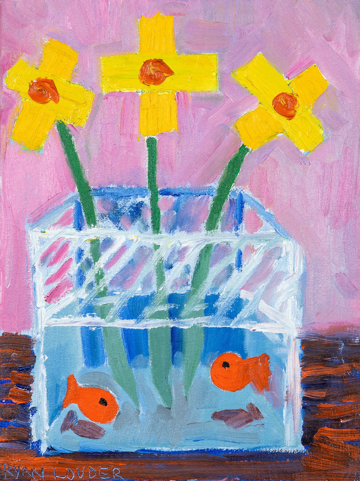 A painting titled 'Three Daffodils and Two Goldfish (original sold)' by London Paintings