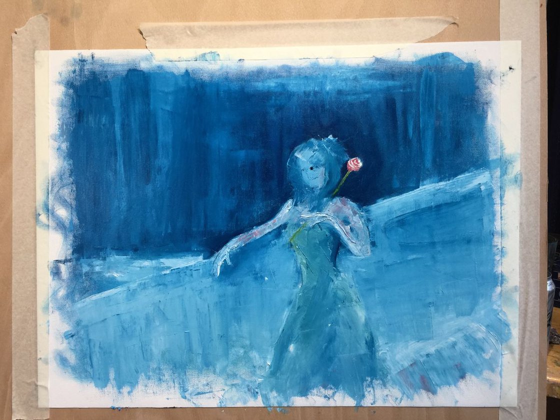 A painting titled 'Falling In Love On A Bridge by Ryan Louder' by Ryan Louder