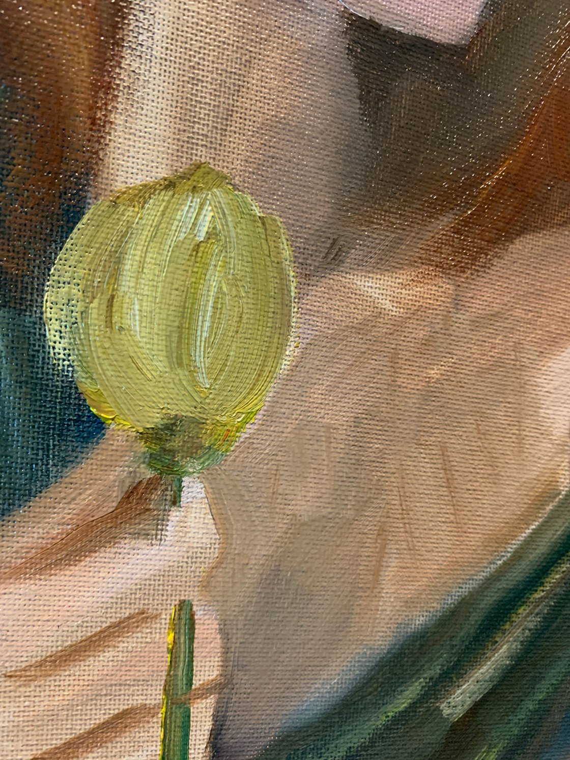 A painting titled 'Woman with Tulip by Ryan Louder' by Ryan Louder