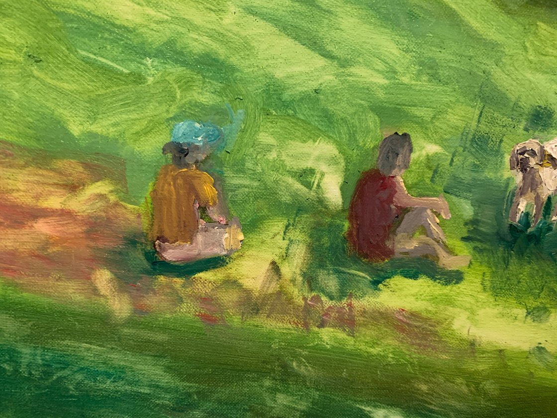 A painting titled 'Dog in the Park on a Summers Day by Ryan Louder' by Ryan Louder