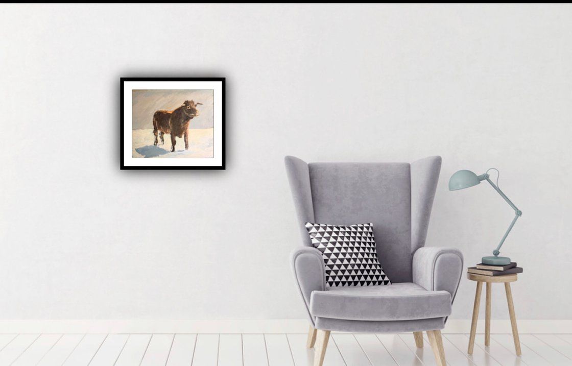 A painting titled 'Bull On A Winters Day by Ryan Louder' by Ryan Louder