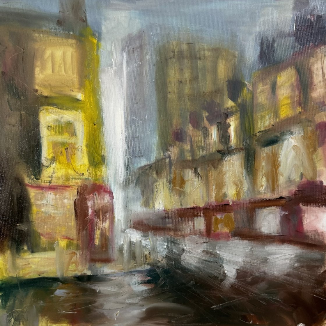 A painting titled 'London In The Rain by Ryan Louder' by Ryan Louder