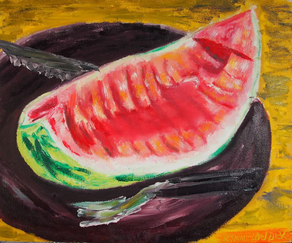 A painting titled 'Watermelon Eaten by Ryan Louder' by Ryan Louder