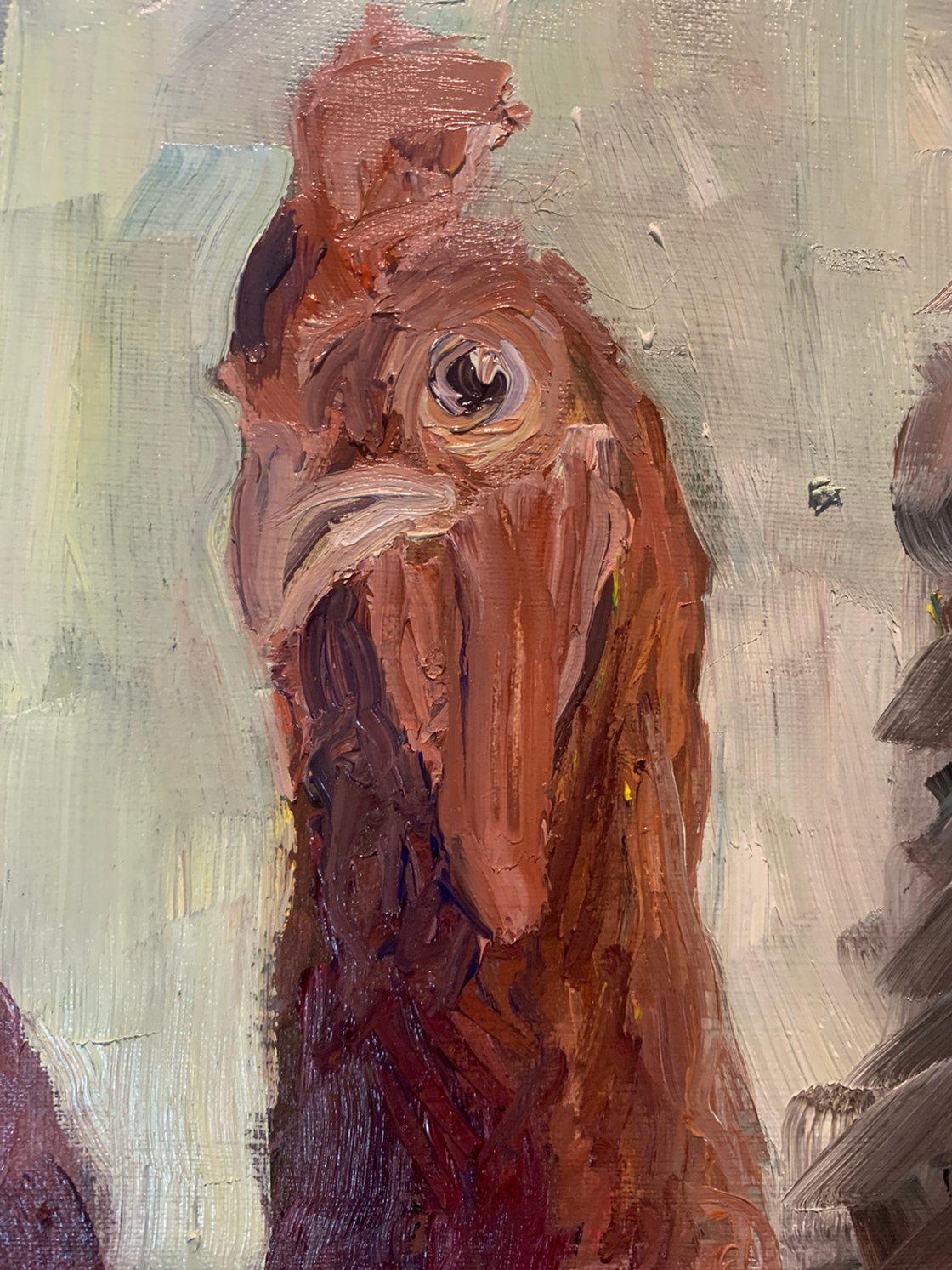 A painting titled 'Chicken On A Farm by Ryan Louder' by Ryan Louder