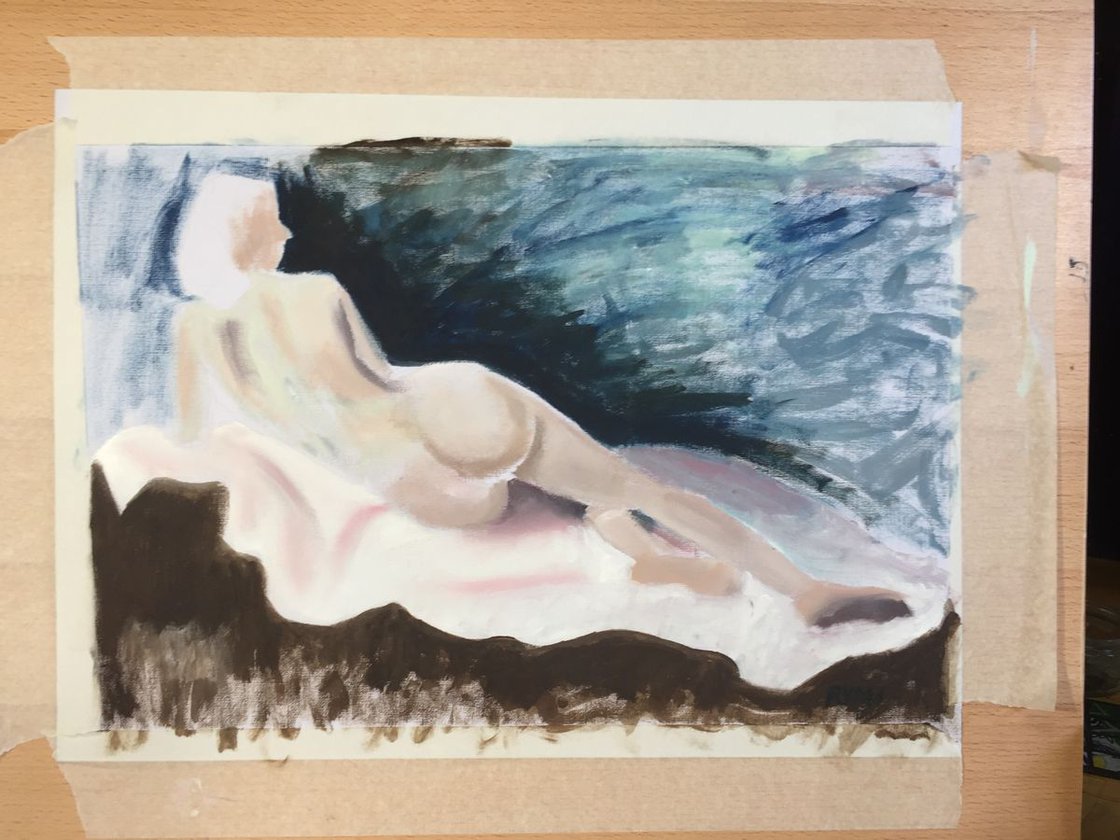 A painting titled 'Back of A Woman On A White Towel study by Ryan Louder' by Ryan Louder