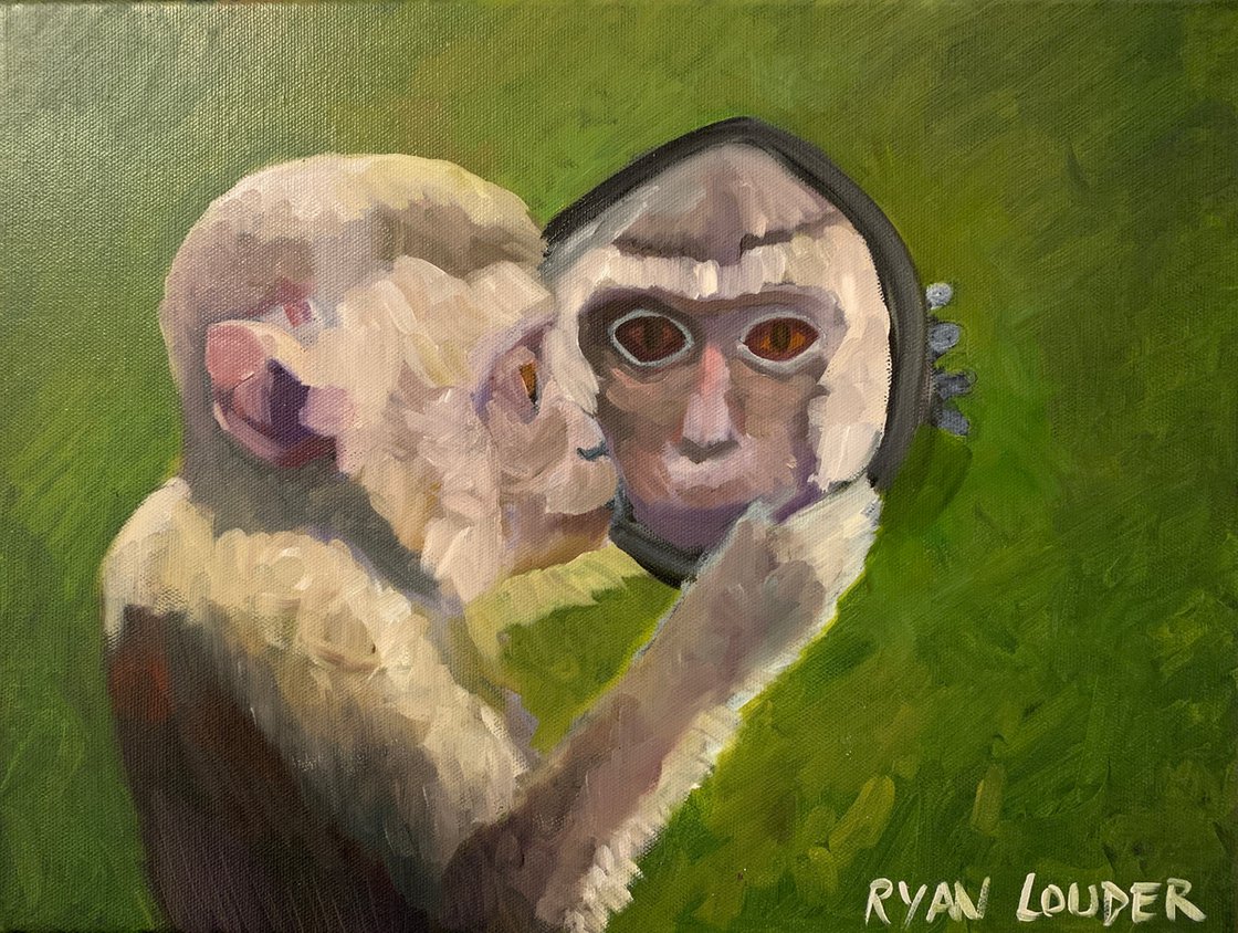 A painting titled 'Monkey and a Mirror by Ryan Louder' by Ryan Louder